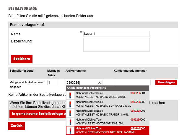 Bestellvorlage - Artikel mittels Schnellerfassung hinzufügen