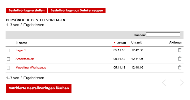 Übersicht Bestellvorlagen