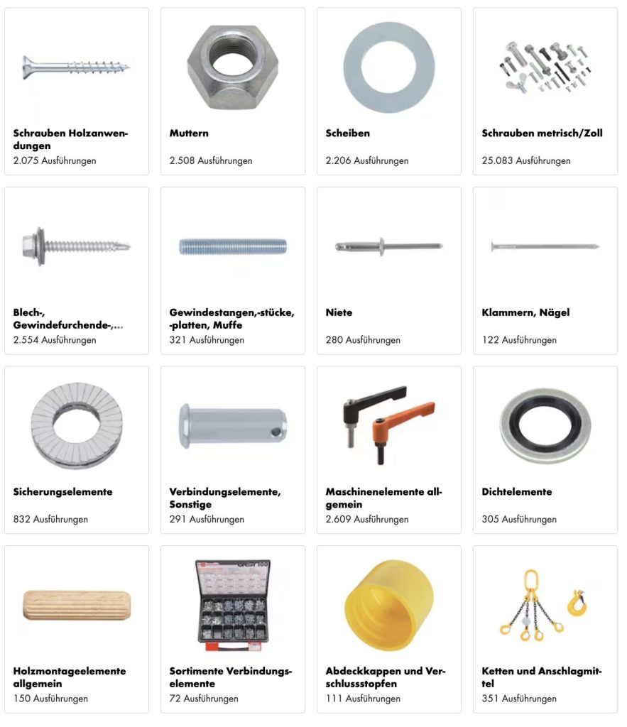 DIN/ISO-Produkte von Würth z. B. Schrauben, Muttern, Zylinderstifte oder Unterlegscheiben